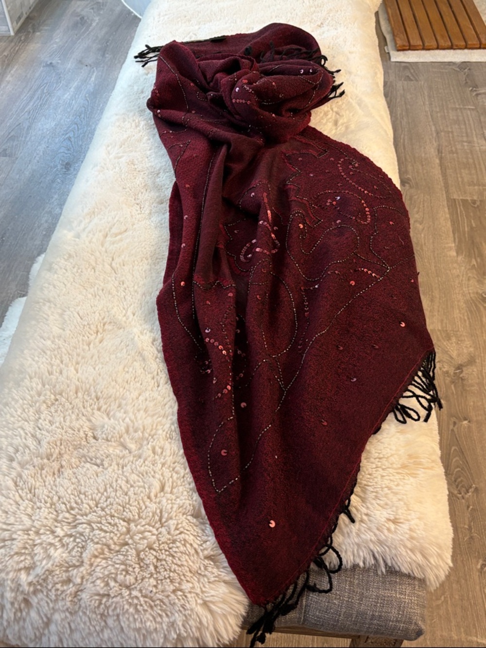 Ahujasons Burgundy Sequin Embellished Fringe Shawl